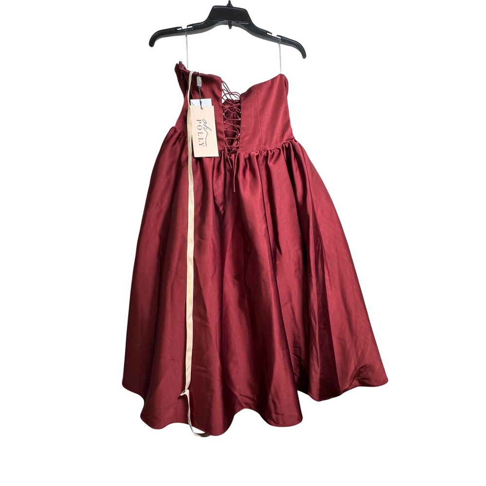 Oh Polly Burgundy Strapless Corset Midi Dress Velvet Bust Lace Up Back US 10 New - Picture 5 of 9